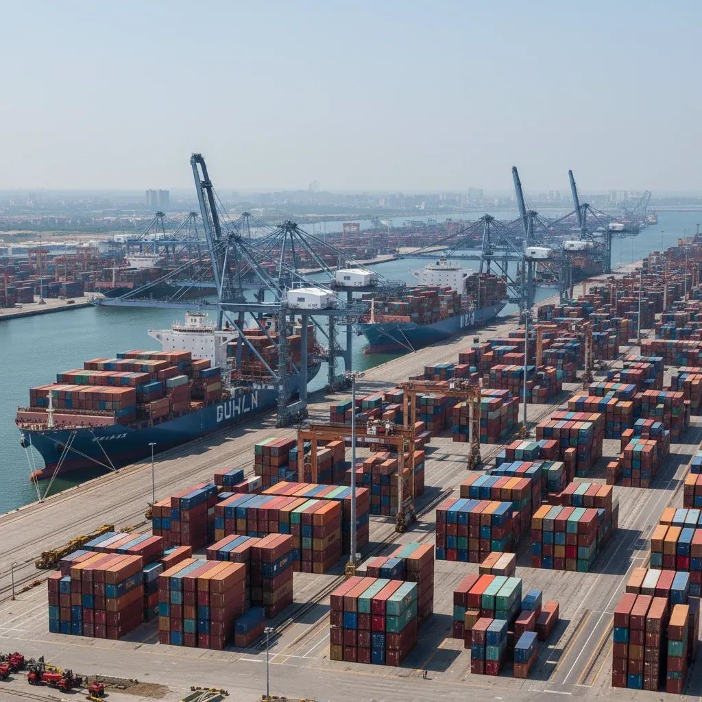 Large cargo container port with stacked shipping containers and docked vessels, representing international trade and tariff impacts
