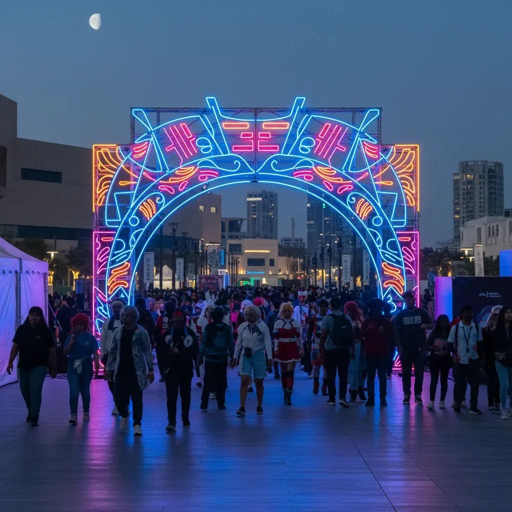 Visitors enter neon-lit anime themed festival gate on Saadiyat Island, Abu Dhabi during evening event