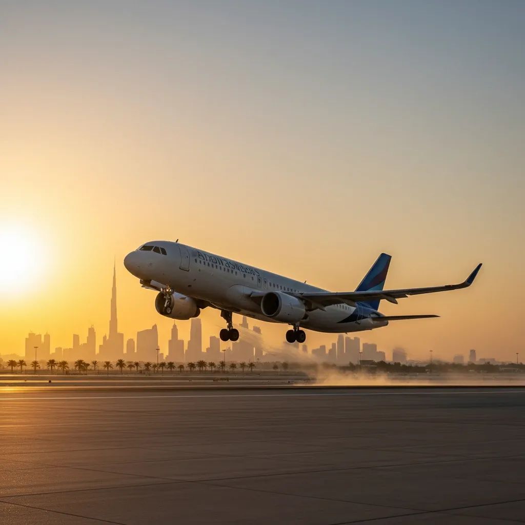 Passenger jet taking off from Dubai at sunrise, illustrating new twice-daily flydubai flights to Bangkok