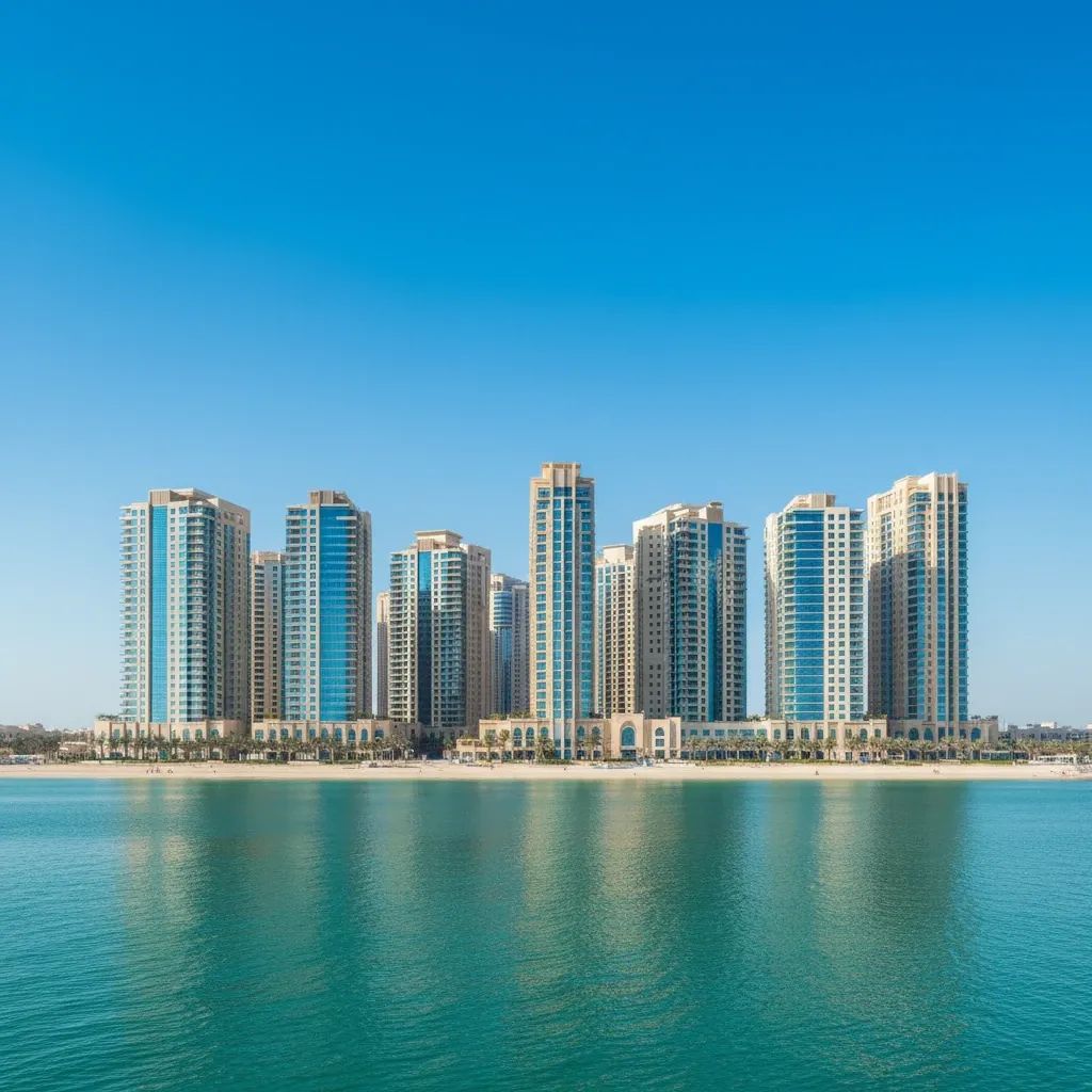 Wide-angle view of modern high-rise residential buildings along Ajman’s coastline under clear sky