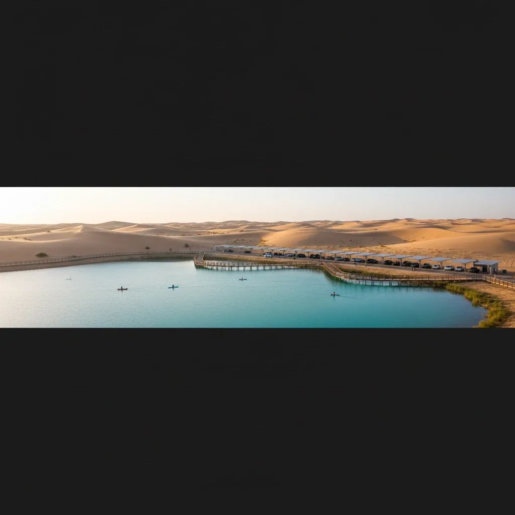 Aerial view of Dubai’s desert oasis with a lake, boardwalk and distant kayakers