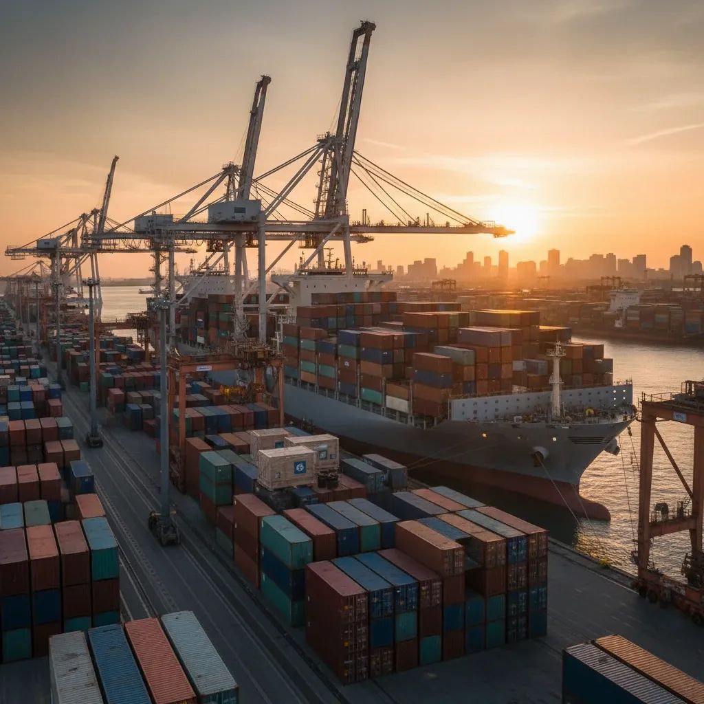 Container ship at port with cargo operations representing international trade between UAE and China