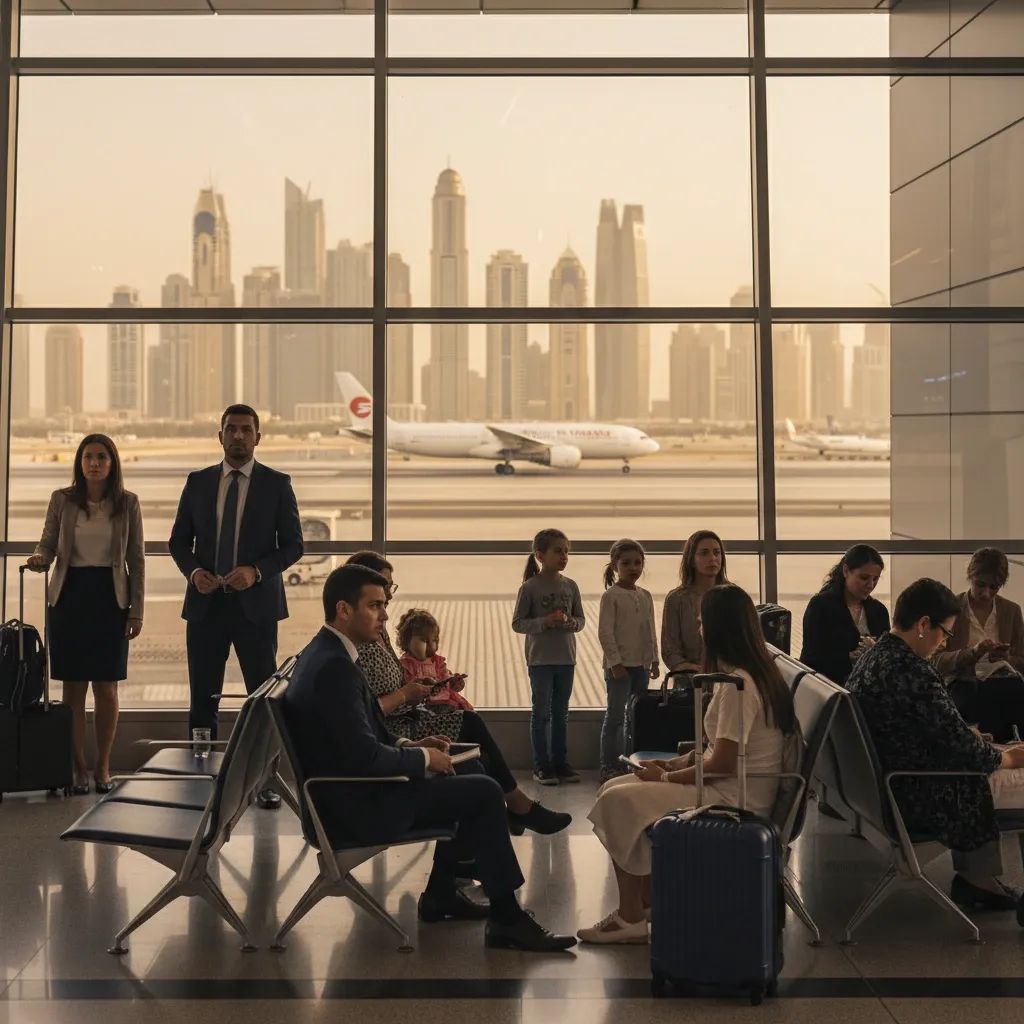 Travelers waiting in Dubai airport departure lounge during flight disruptions and limited operations