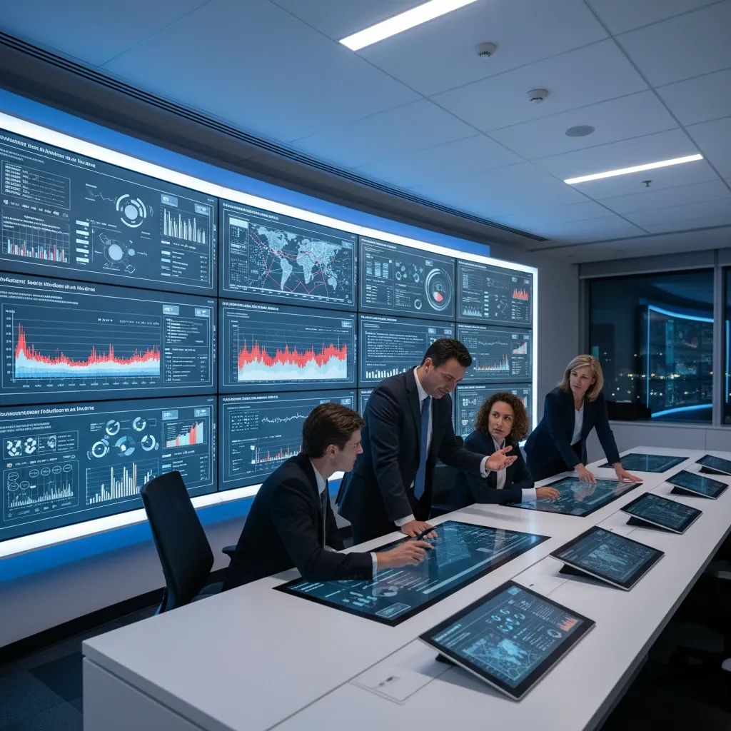 Government officials reviewing digital asset management system dashboard in modern office