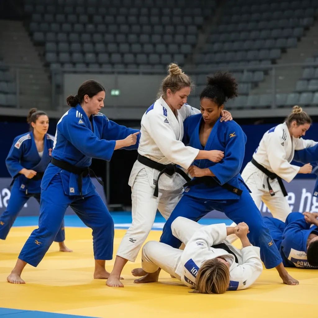 Professional judokas training on competition mat in judo uniforms during international tournament preparation