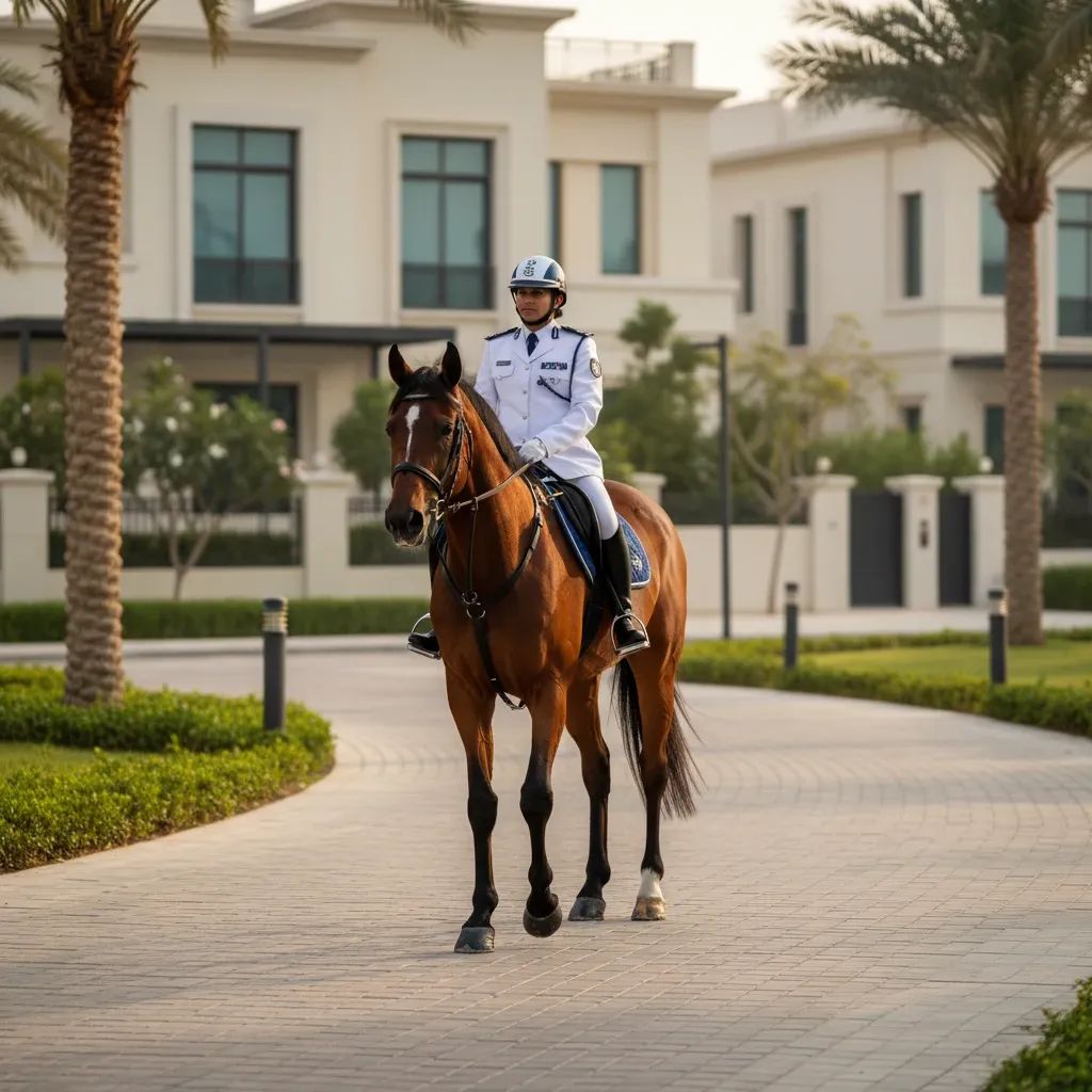 Mounted police officer on horseback patrolling a Dubai villa neighborhood pathway