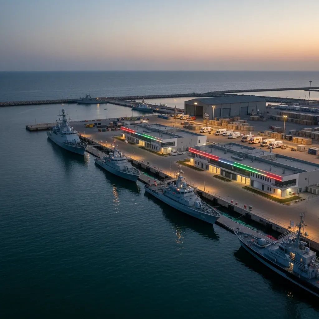 Military naval base with emergency response vehicles at Abu Dhabi port
