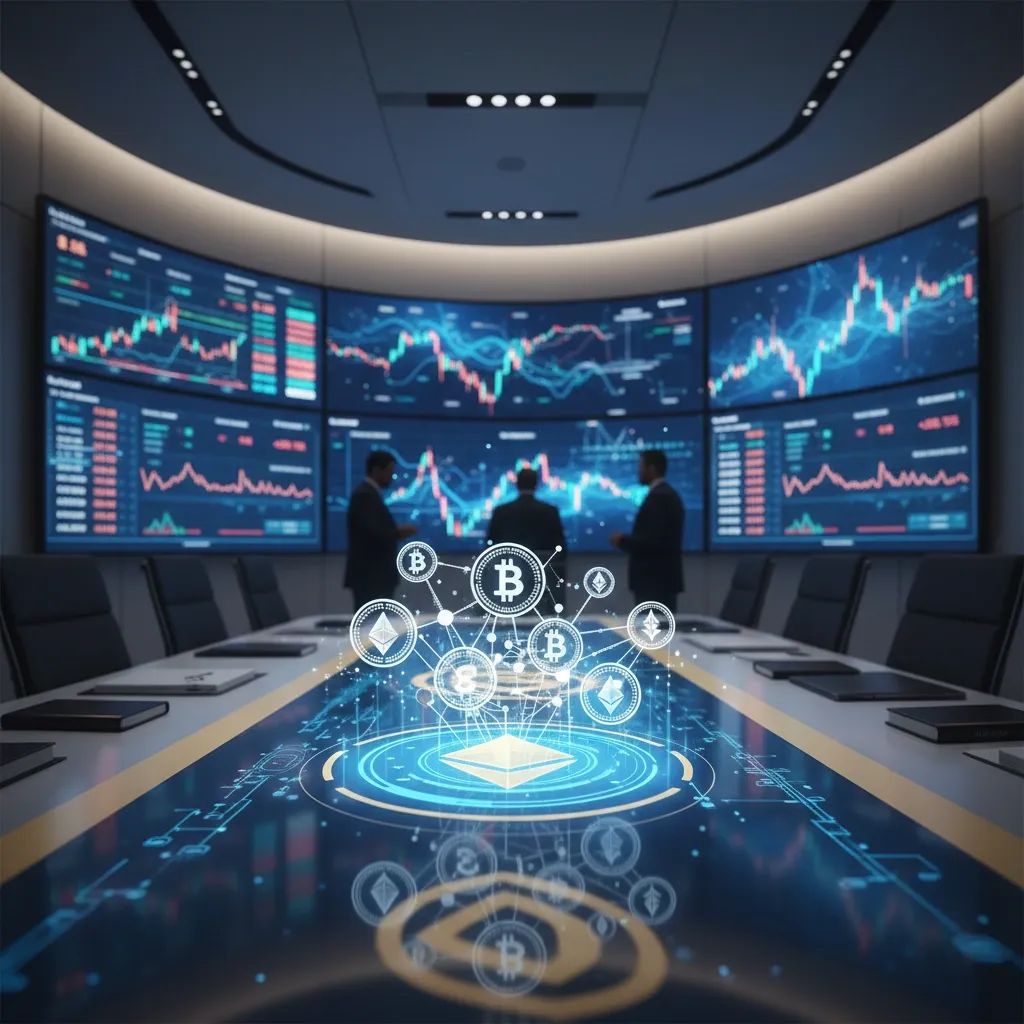 Modern financial office with cryptocurrency and blockchain regulatory data on digital displays