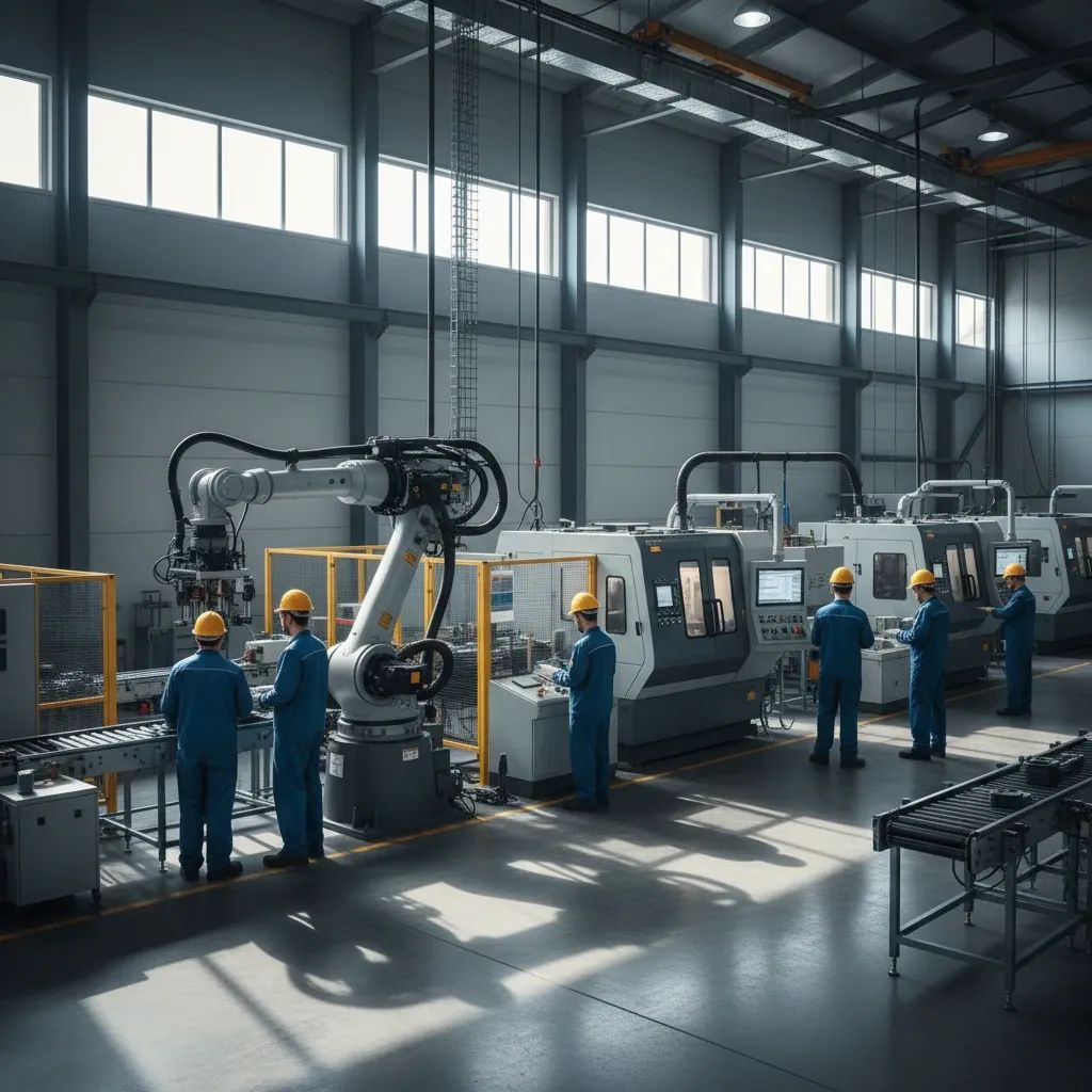 Modern industrial manufacturing facility with production equipment and workers in professional setting