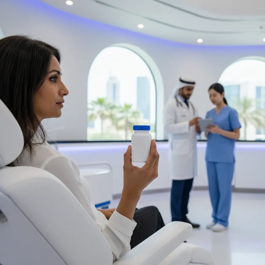 Patient holding new oral diabetes medication in modern UAE clinic with healthcare professionals
