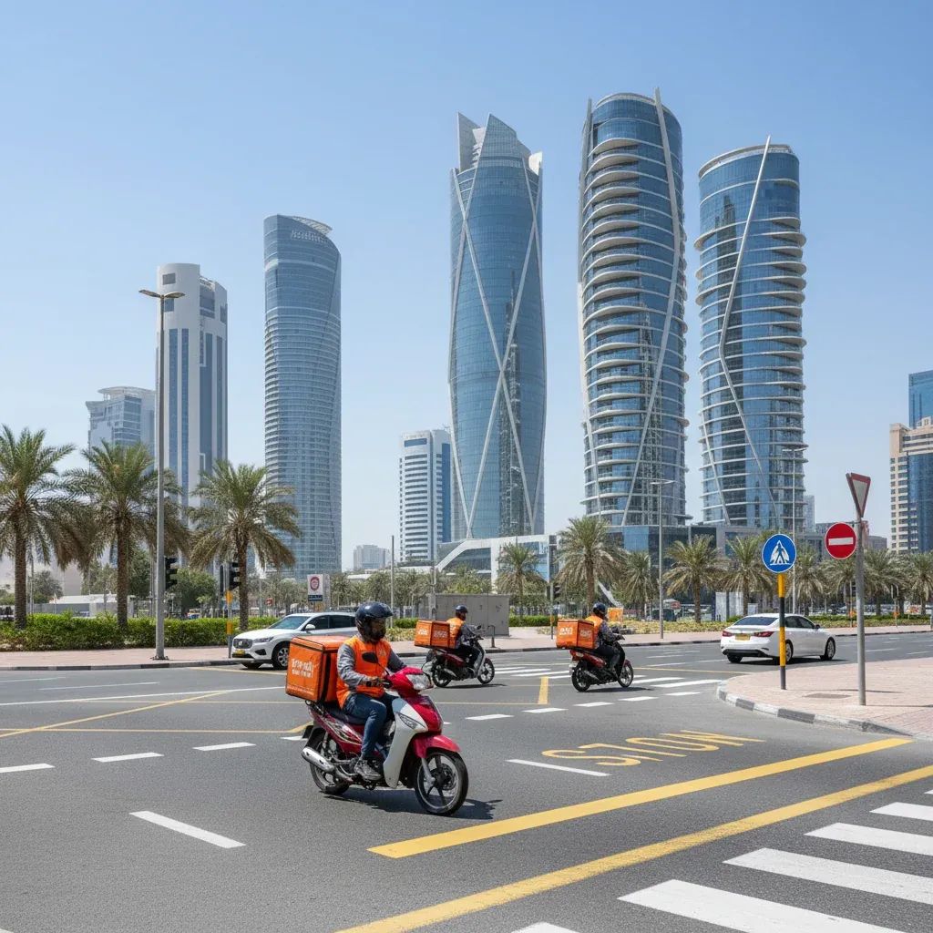 Delivery motorcycle navigating Abu Dhabi residential street after high-speed road restrictions
