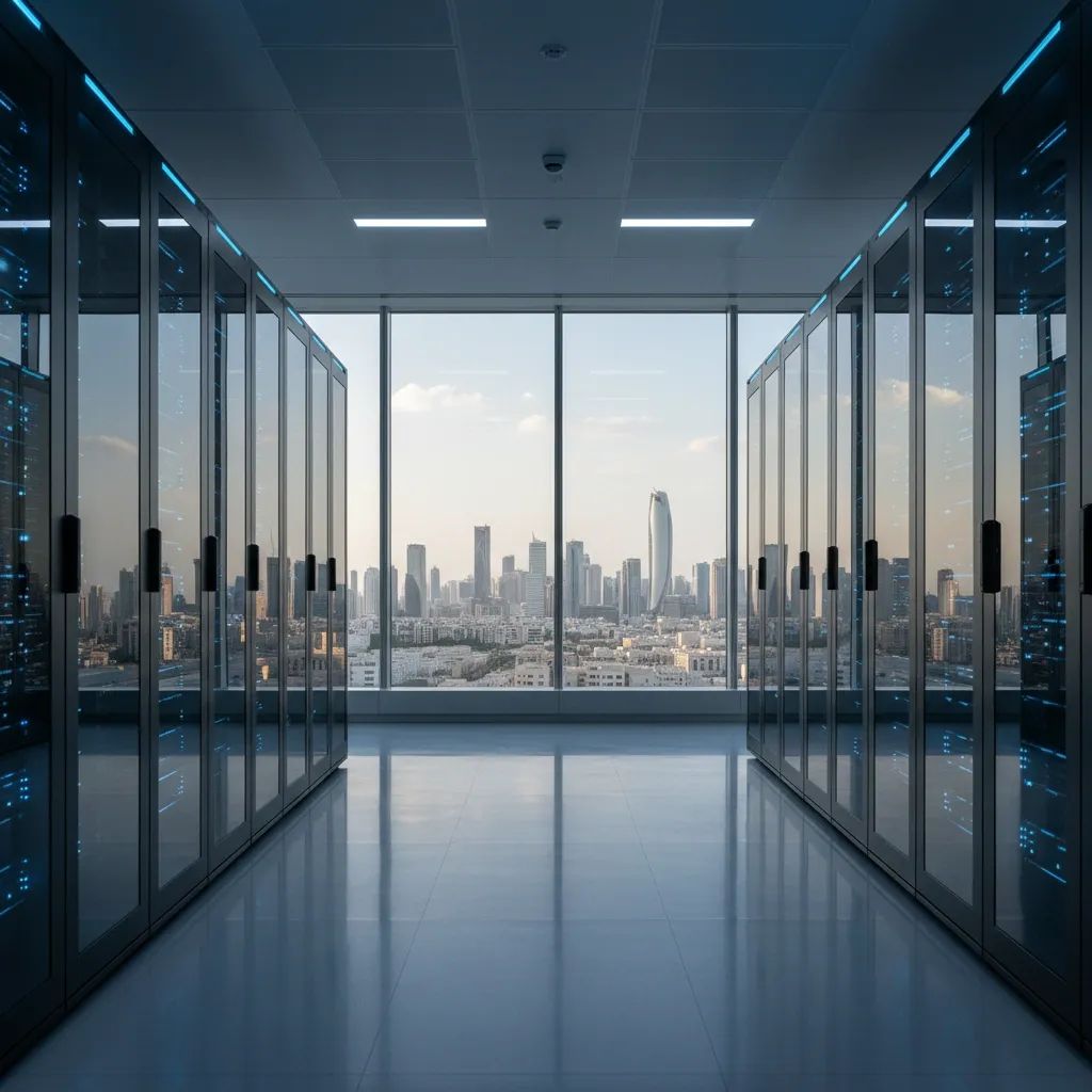 Modern modular data center facility with server infrastructure and blue accent lighting representing UAE sovereign AI computing technology