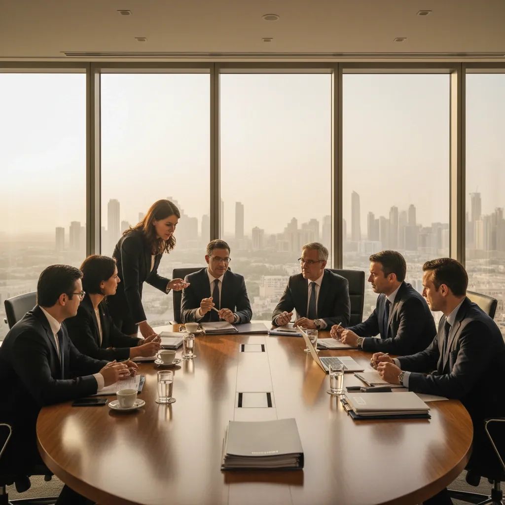 Business professionals in discussion at a Dubai conference meeting focused on economic policy and private sector collaboration
