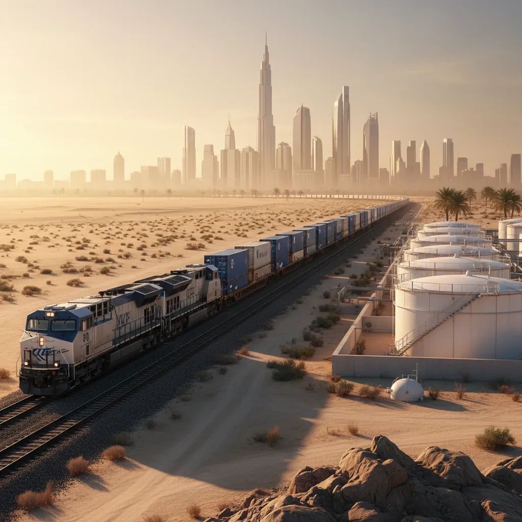 Freight train alongside oil tanks in desert twilight, illustrating UAE–Uganda energy and rail investments