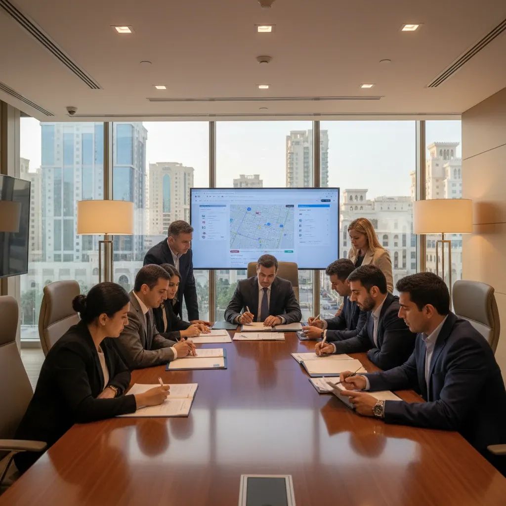 International property buyers discussing real estate registration in modern Sharjah office with digital platforms visible