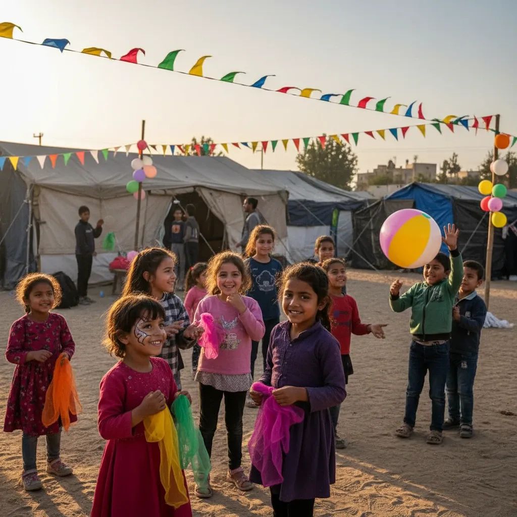 Children celebrating at outdoor Eid carnival event in humanitarian settlement with entertainment and community activities