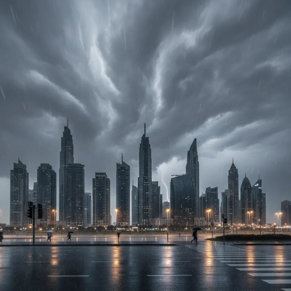 Dark storm clouds gathering over UAE city skyline with heavy rain and wet streets