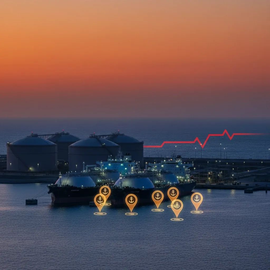 LNG terminal facility with storage tanks and tanker ships, representing Qatar's energy production shutdown