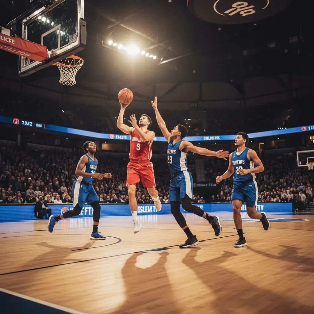 Basketball players in action during competitive EuroLeague game in modern arena setting