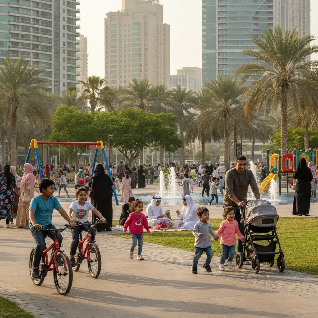 Diverse families enjoying Eid celebrations at UAE parks and public attractions during spring season