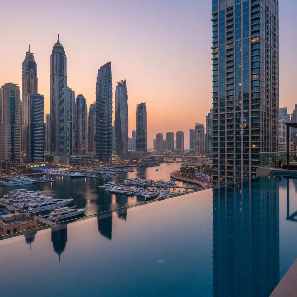 Luxurious waterfront high-rise towers with marina and rooftop infinity pool at dusk