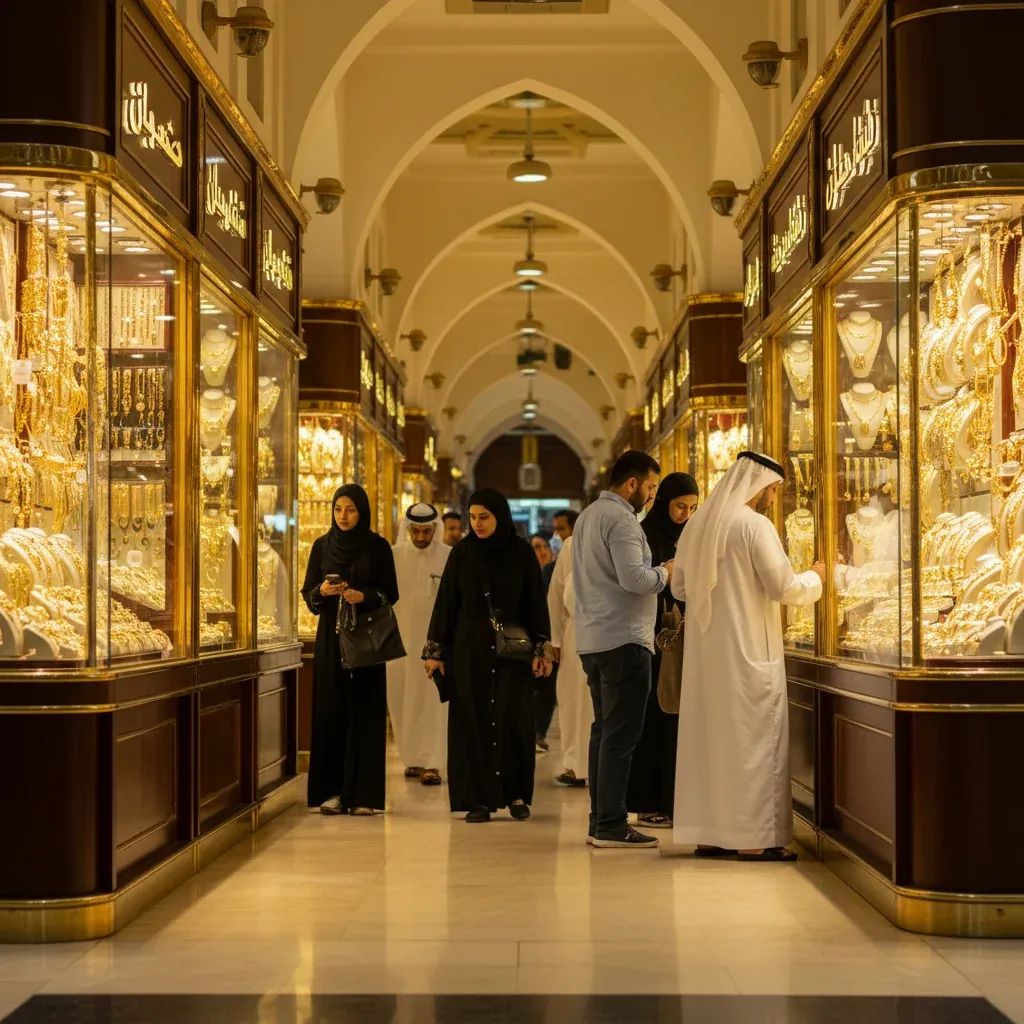 Gold jewellery shining in Dubai souk showcases as shoppers casually browse in the background