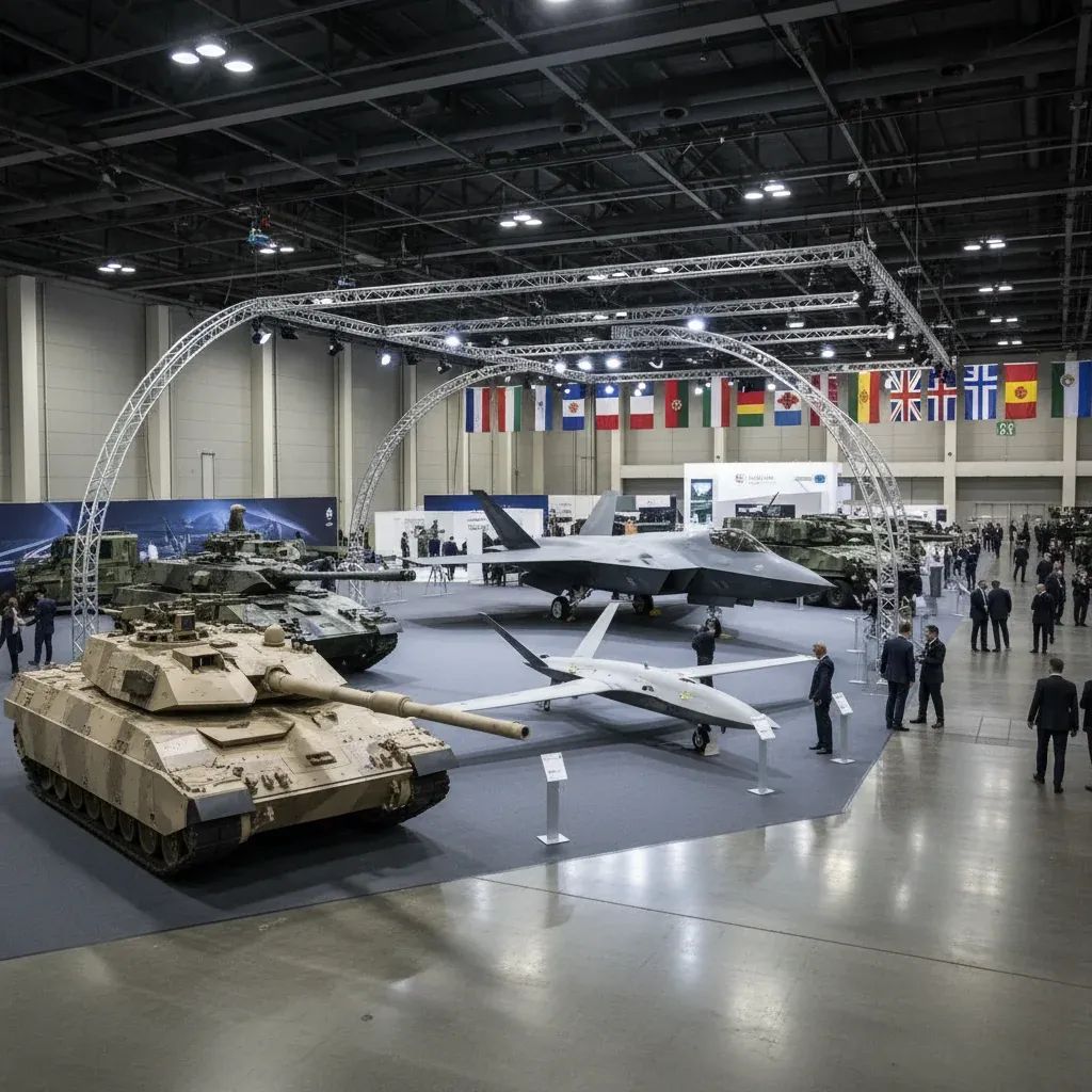 Defense exhibition display showcasing armored vehicles and military equipment at international trade show