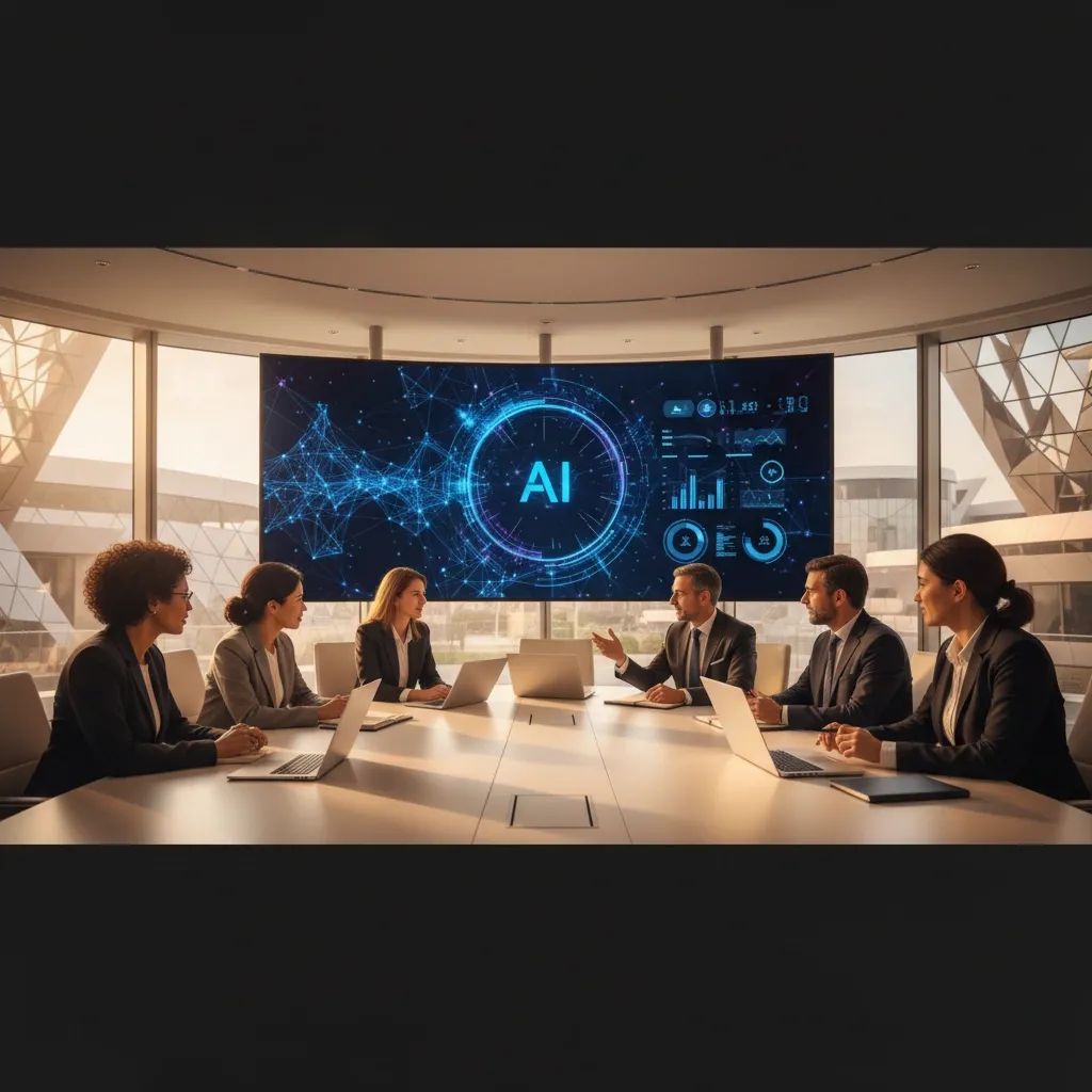 Diverse group of professional leaders in modern UAE office collaborating on AI technology project