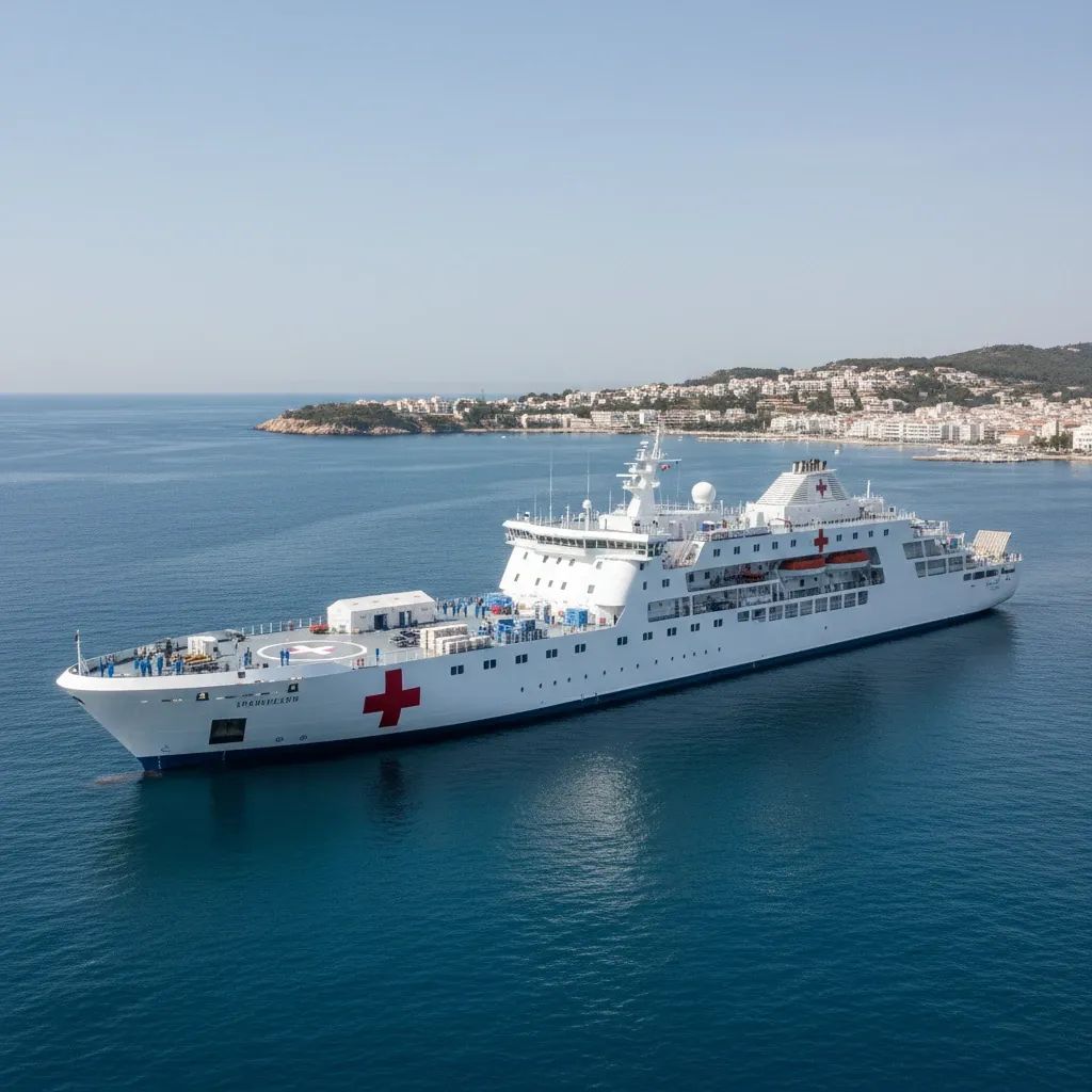 Modern medical vessel moored in Mediterranean waters providing humanitarian healthcare services