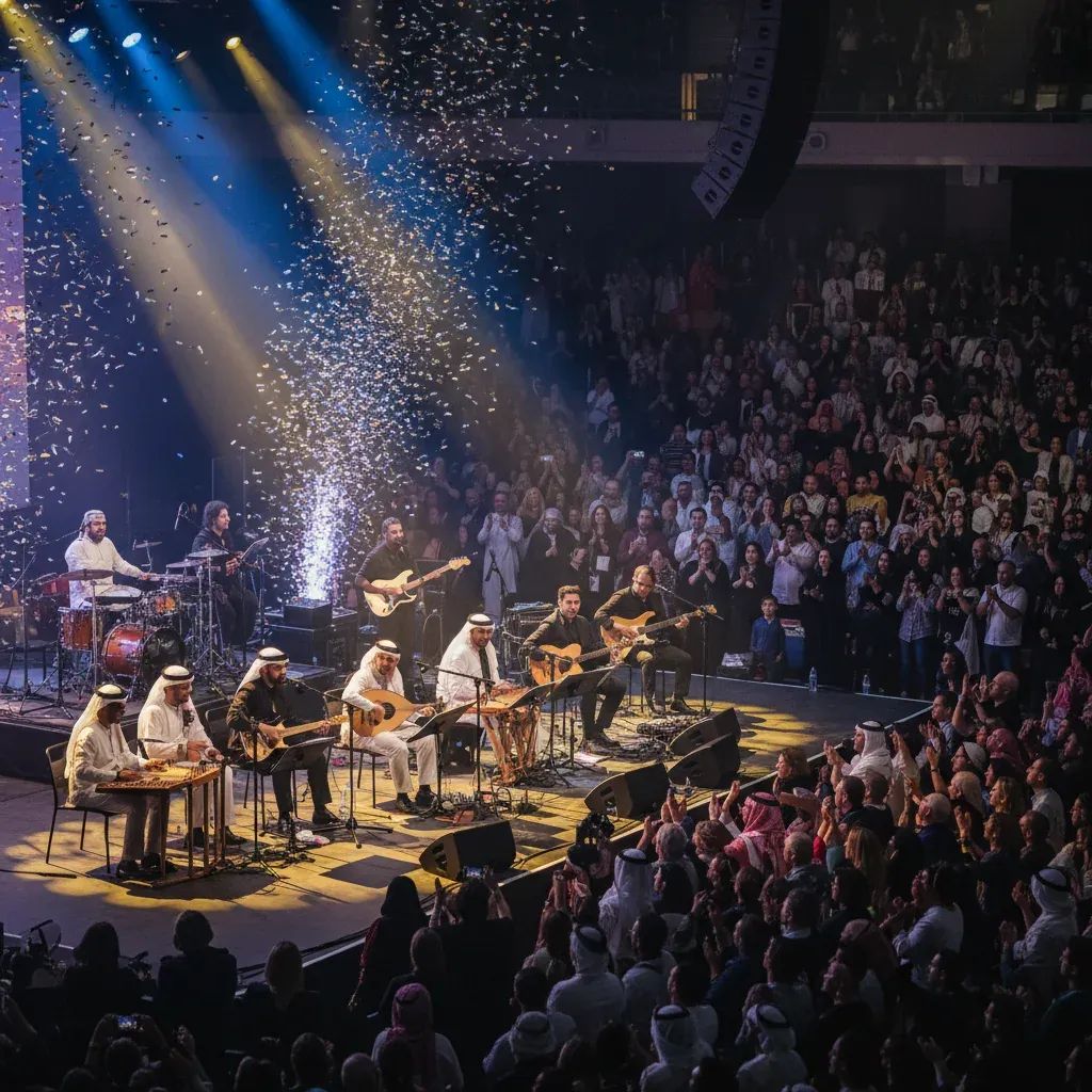 Concert stage with audience in modern arena setting during Eid performance