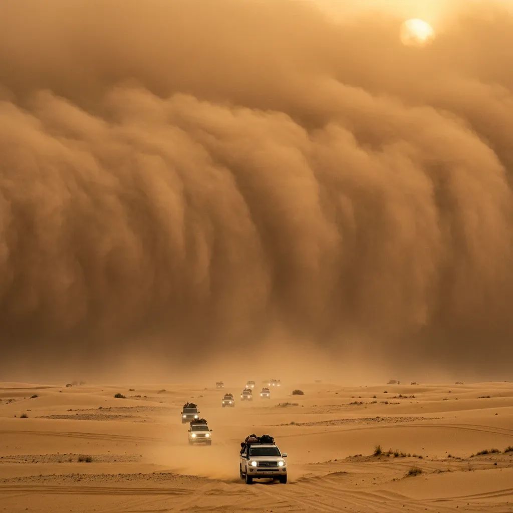 Vehicles navigating through a dust storm in UAE desert landscape with reduced visibility and golden-brown dust clouds