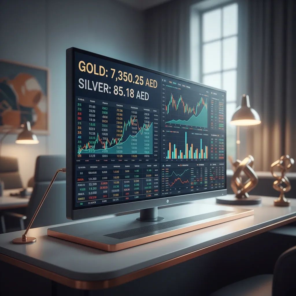 Digital financial display showing precious metals prices with gold and silver rate information
