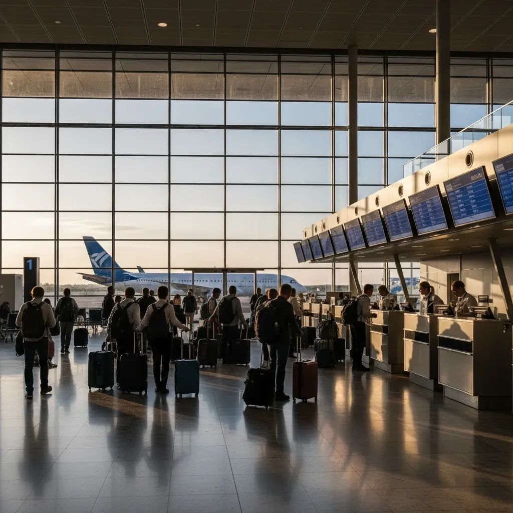 Airport terminal scene with passengers and departure boards displaying Rome destination