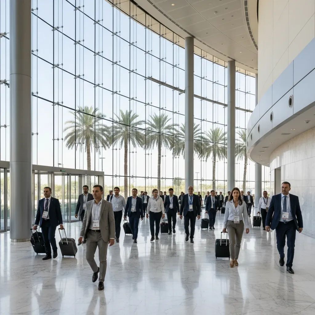 Visitors arriving at a modern Sharjah exhibition centre lobby ahead of an international business event