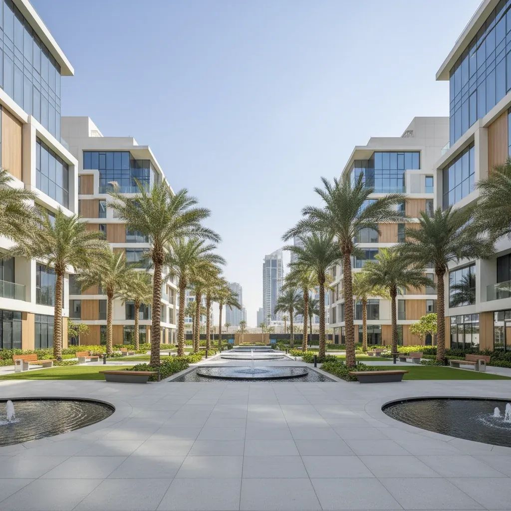 Dubai residential courtyard area showing modern apartments and urban environment where drone debris incidents occurred