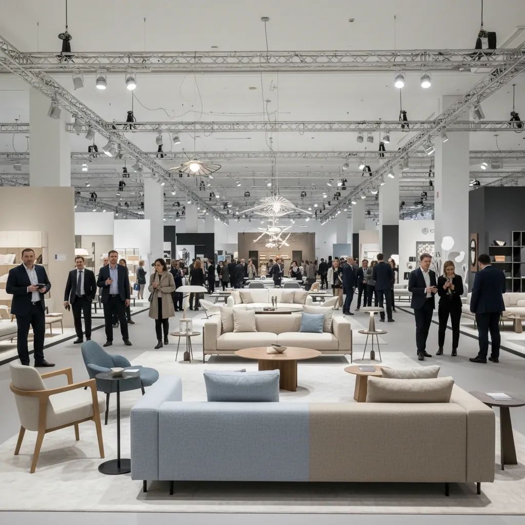 Furniture and lighting displays at Moscow interior design fair with visitors walking the exhibition hall