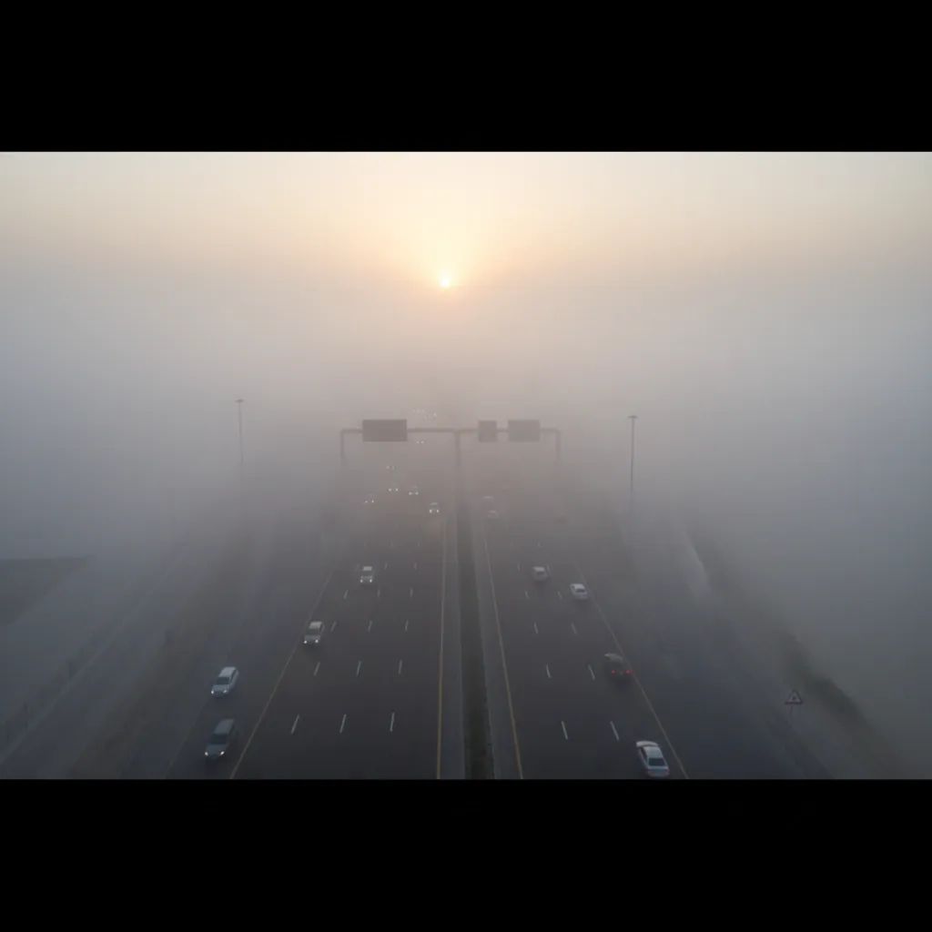 UAE highway vanishing into dense morning fog with electronic signboards and vehicle lights visible
