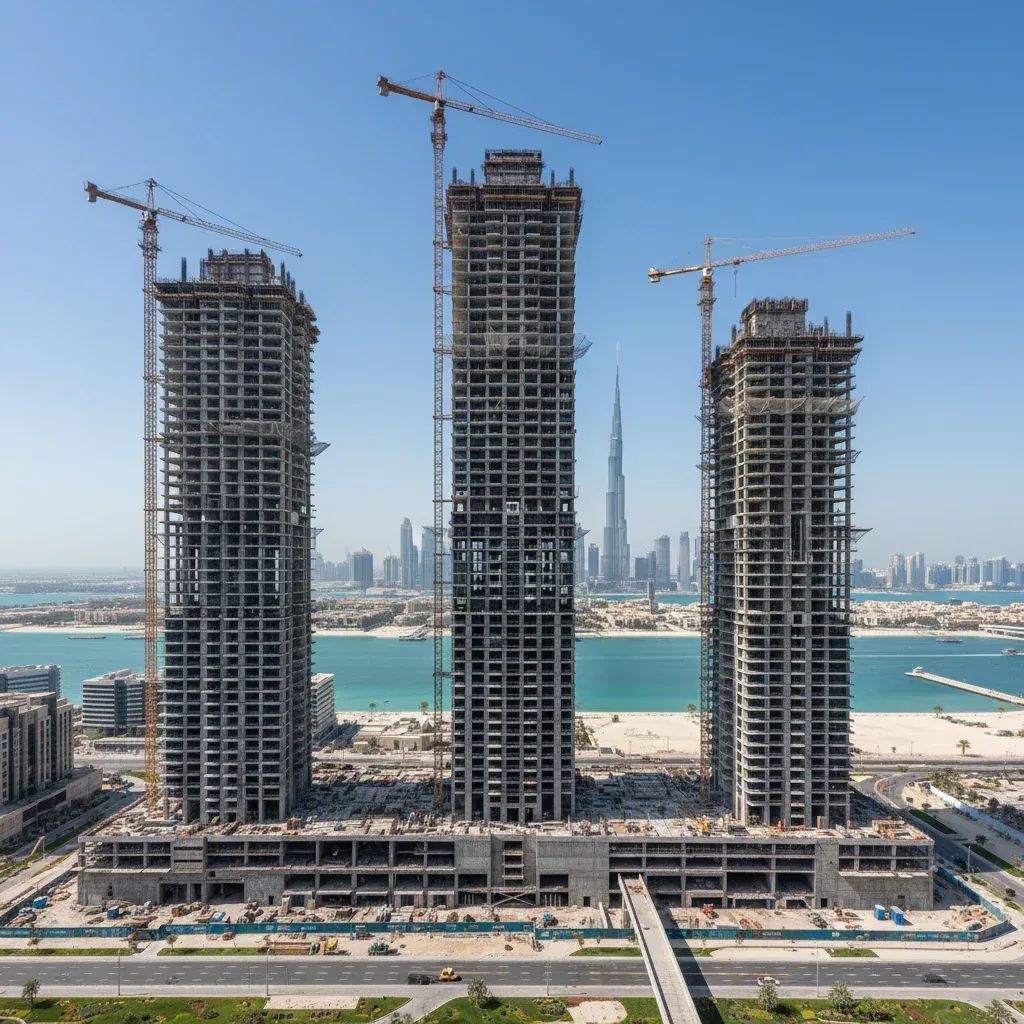Dubai Harbour W Residences construction site with three towers under development overlooking Arabian Gulf waterfront