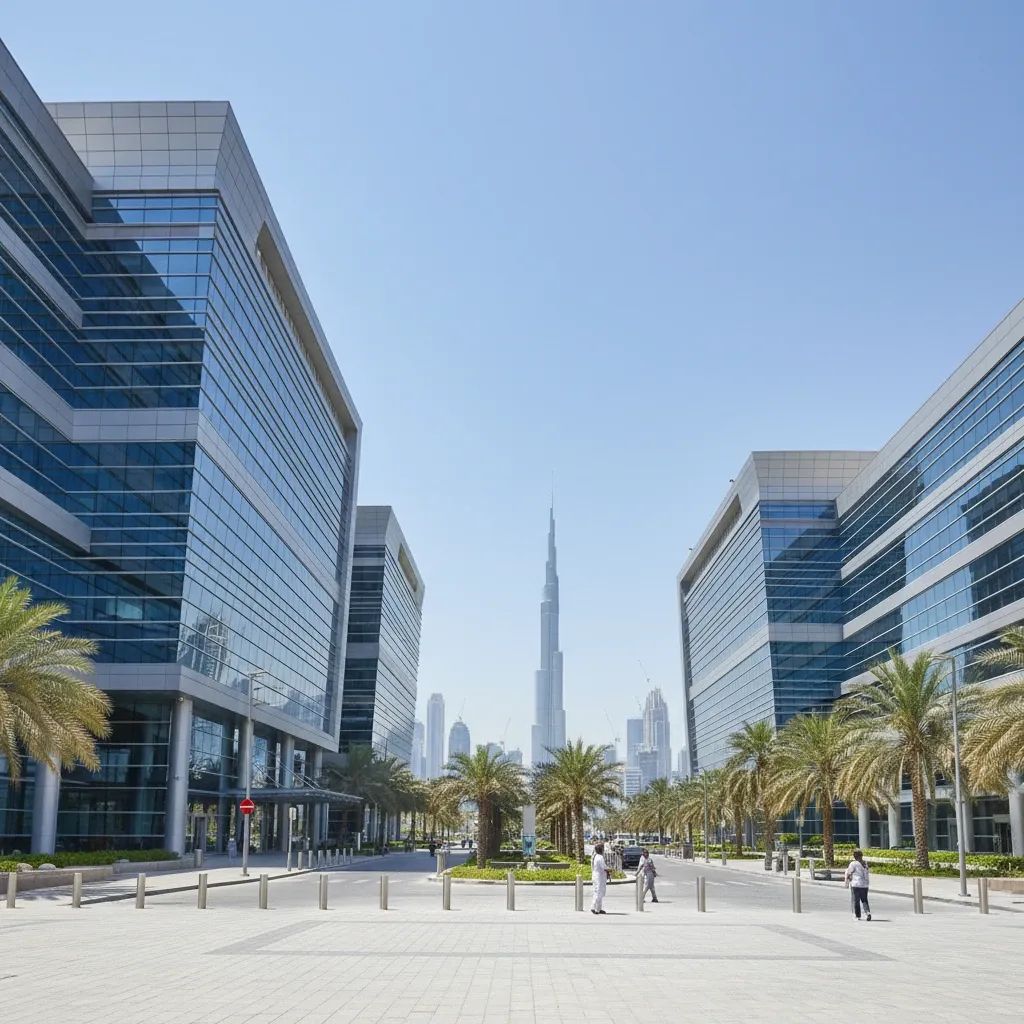 Modern hospital complex against Dubai skyline, illustrating the emirate’s fast-growing healthcare sector