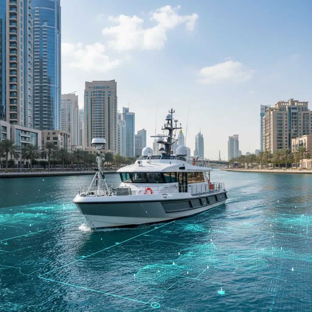 Survey vessel equipped with mobile-mapping technology scanning Dubai Water Canal for 3D infrastructure data