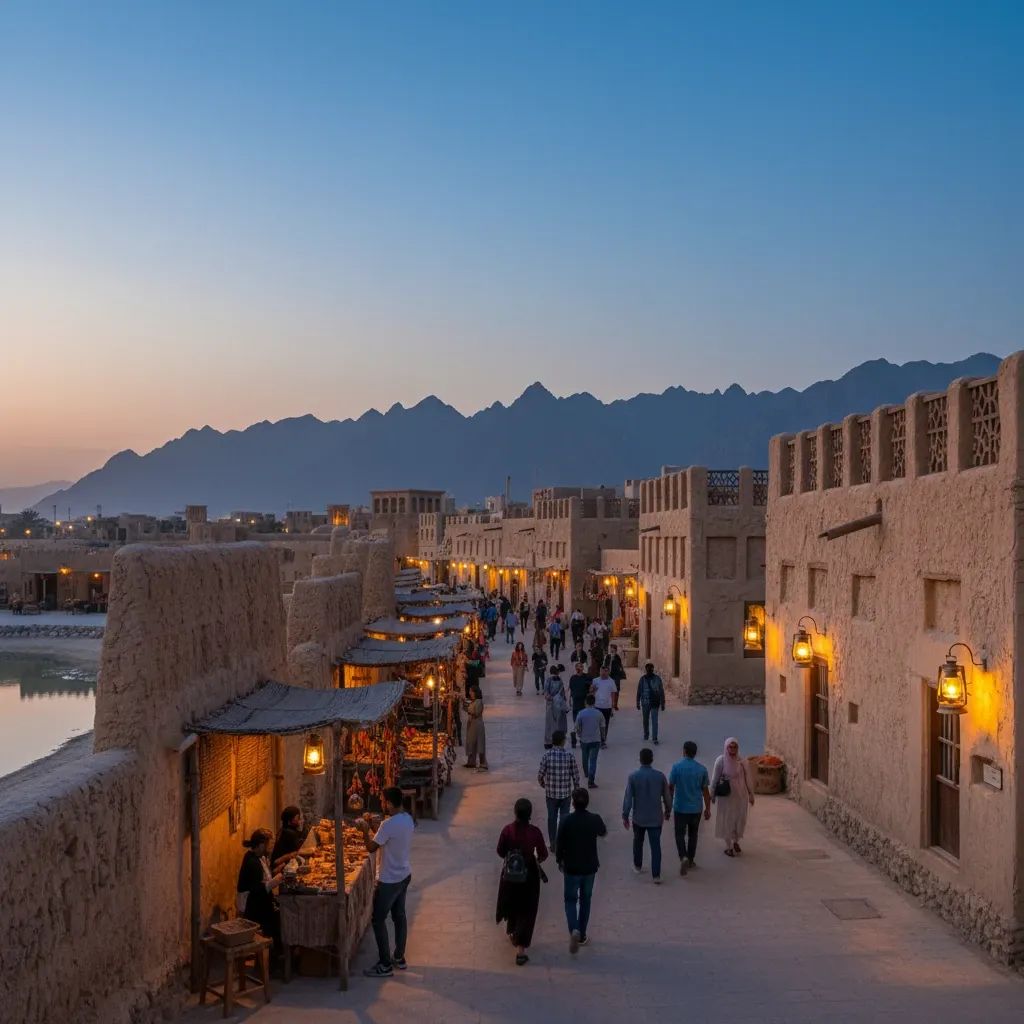 Evening view of Khorfakkan’s Al Zubarah heritage quarter with lit market stalls and strolling visitors