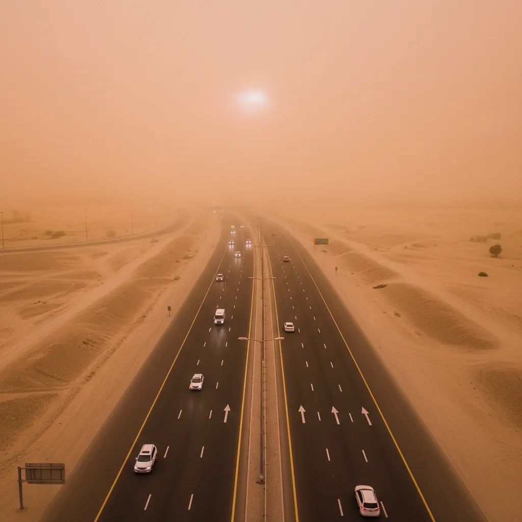 UAE highway shrouded in dust with vehicles using headlights during reduced visibility conditions