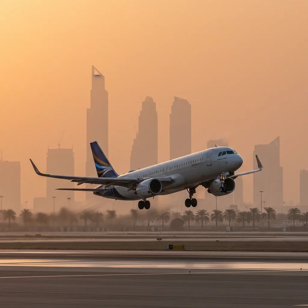Narrow-body passenger jet climbs over Dubai skyline, symbolising flydubai’s new twice-daily Bangkok service