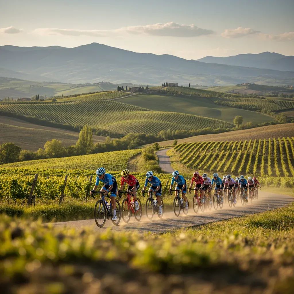 Female cyclists competing in professional road cycling race on Tuscan hills terrain with multiple riders in formation during spring competition