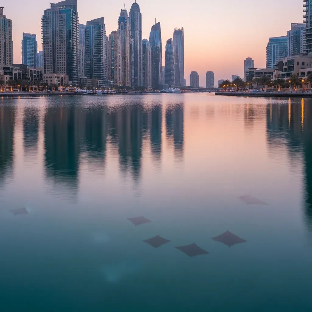 Cownose ray gliding beneath Dubai Marina's calm waters with city towers reflected above