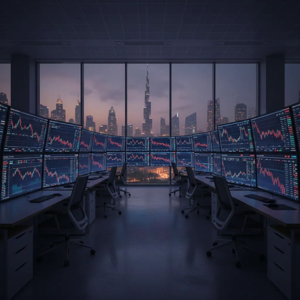 Digital trading floor screens displaying market data during financial market closure