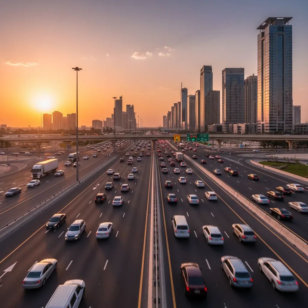 Dubai highway with organized truck and vehicle traffic during peak evening hours