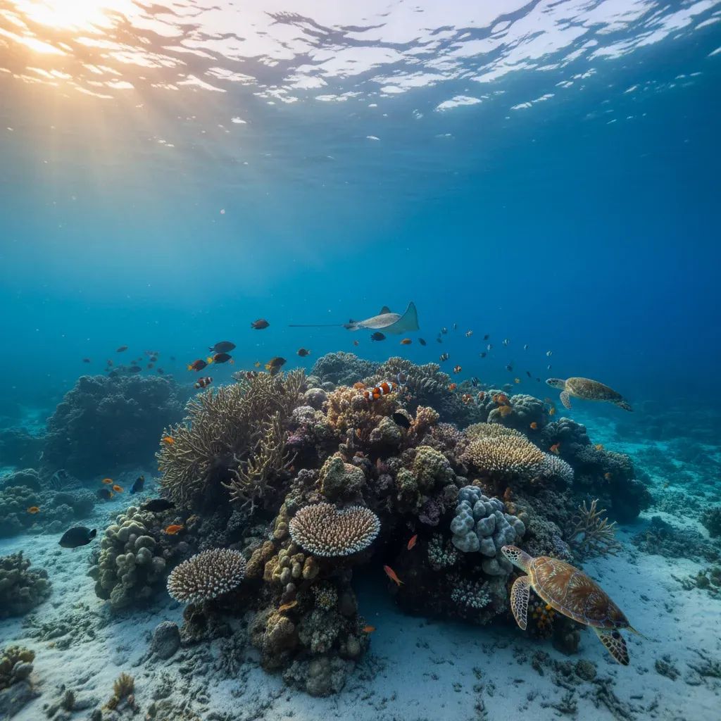 Underwater coral reef scene showing tropical fish among Arabian Gulf corals in natural marine habitat