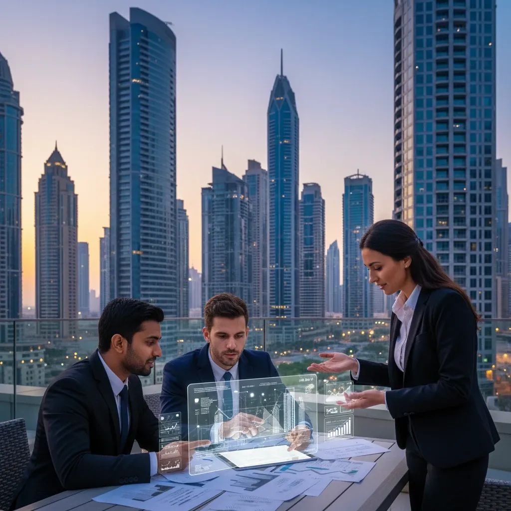 Dubai business professionals reviewing property valuations with modern skyline backdrop