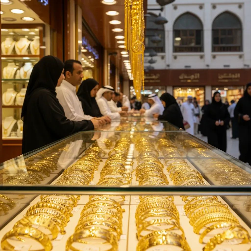 Gold bangles and necklaces displayed at Dubai’s Deira Gold Souk amid fall below AED 188 per gram